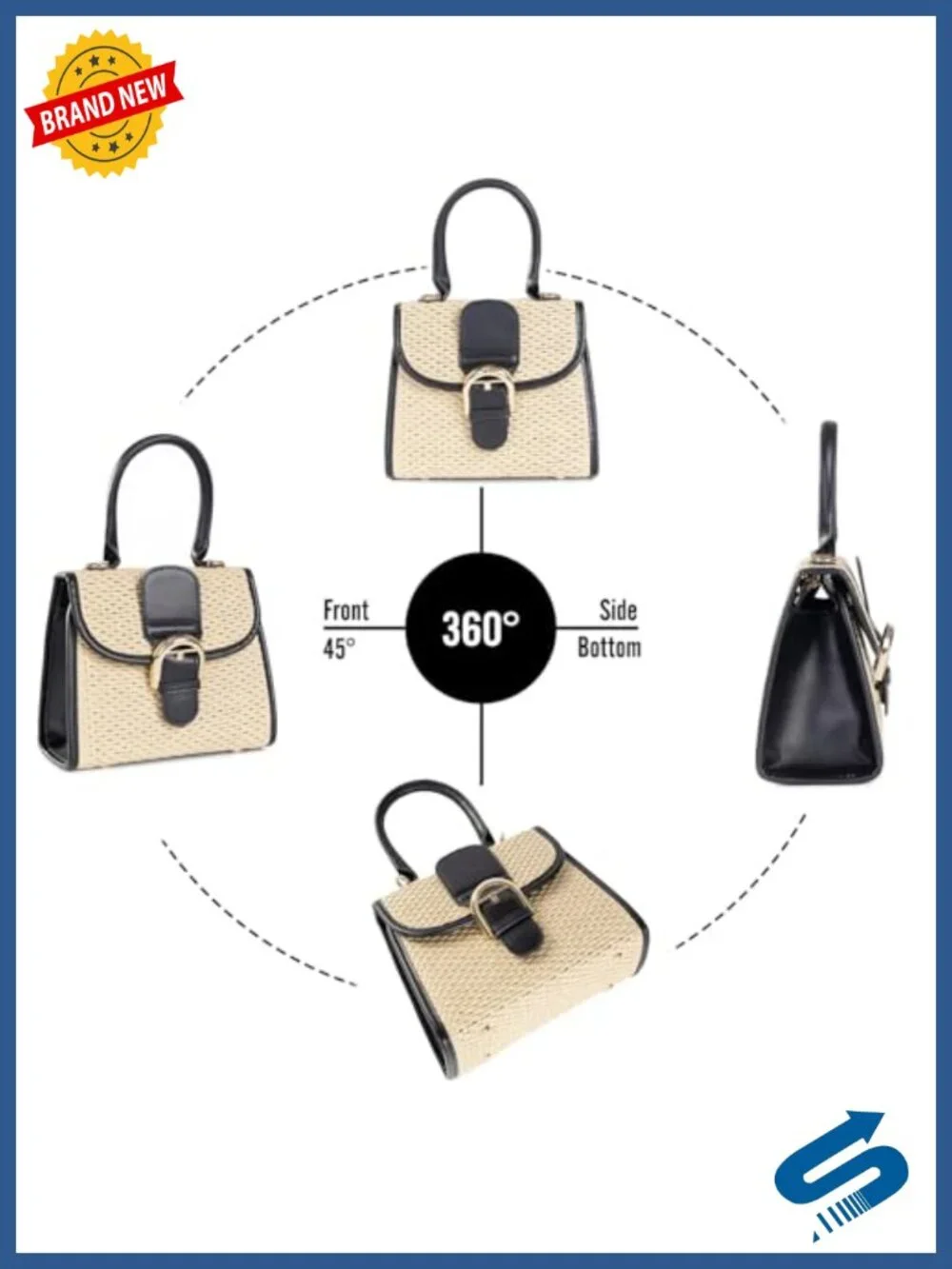 Straw Woven Cross Body Satchel Handbag with PU Leather Trim